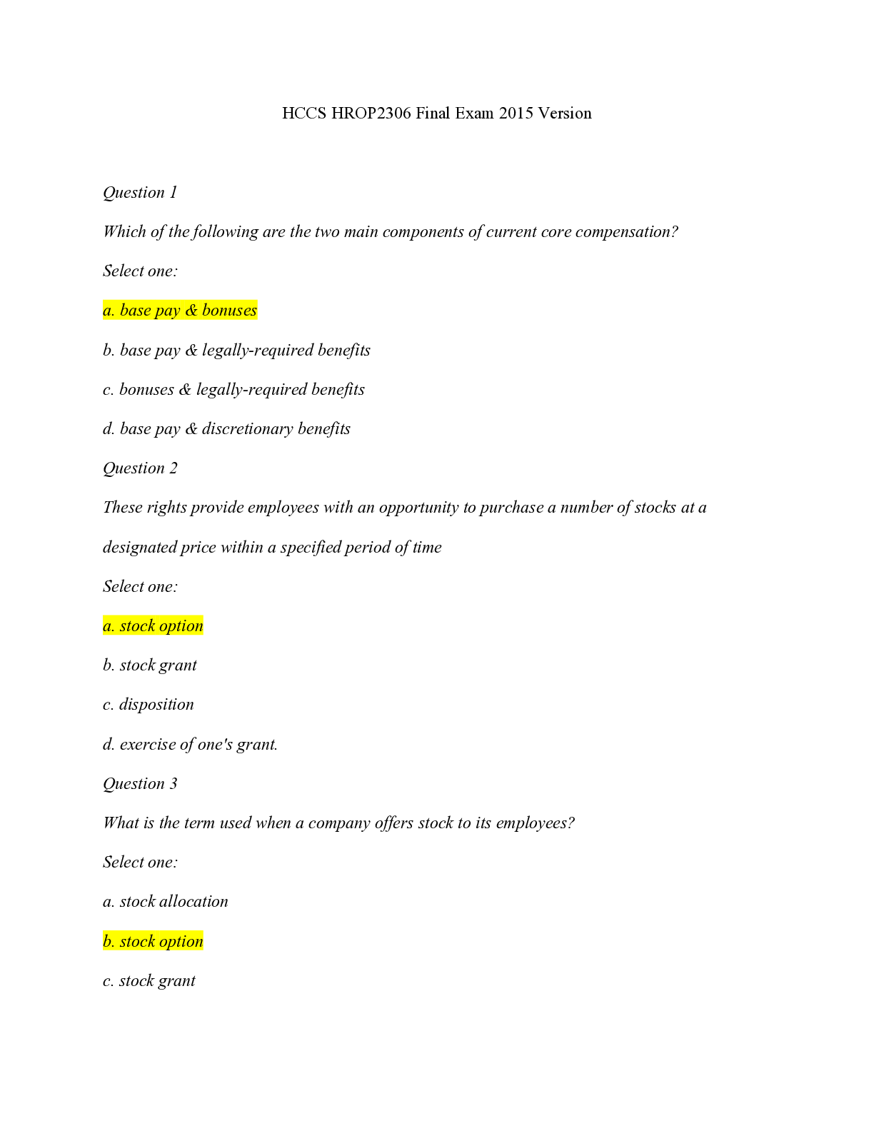 Preview image of HCCS HROP2306 Final Exam 2015 document